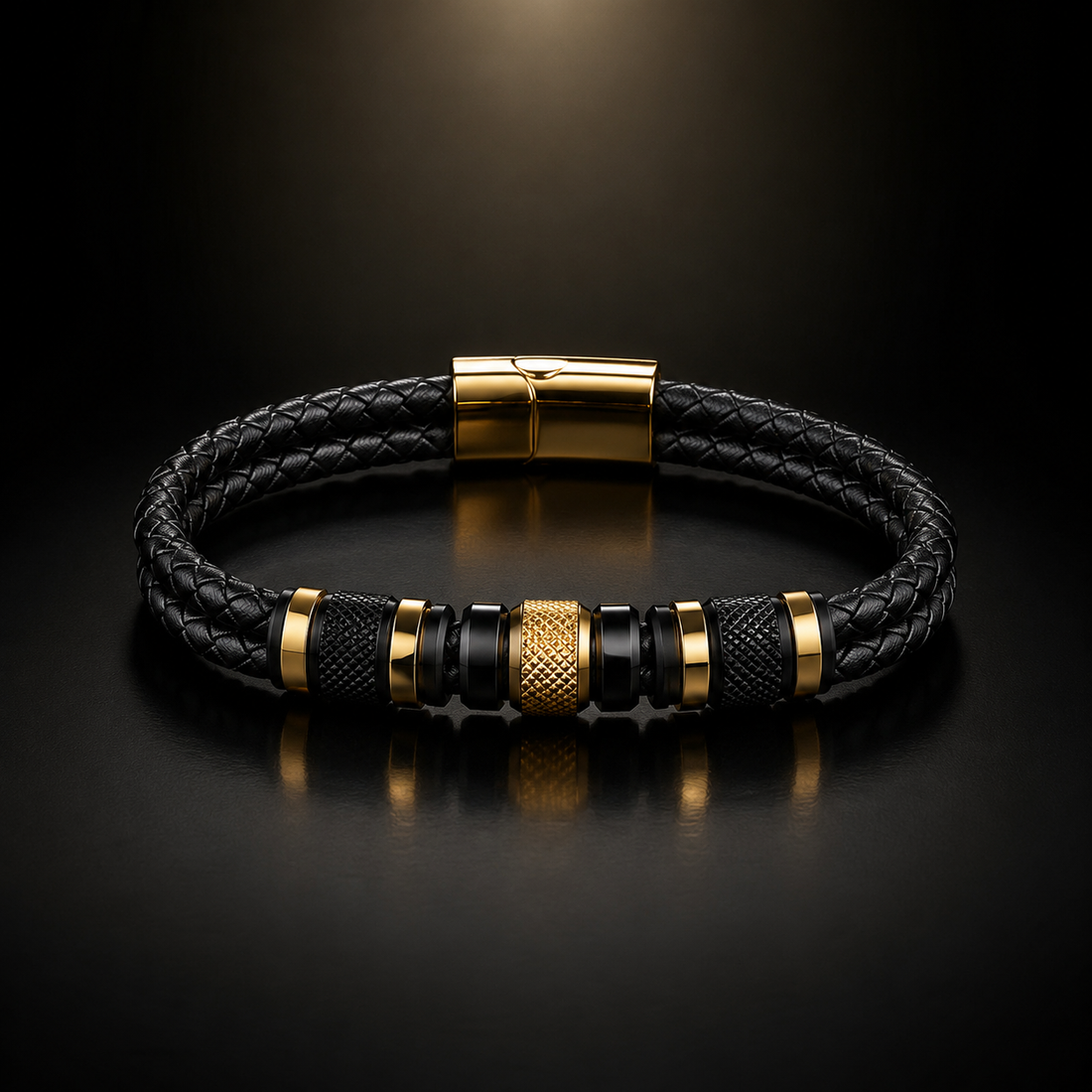 Black Braided Leather Bracelet with 18K Gold Plated Stainless Steel Accents