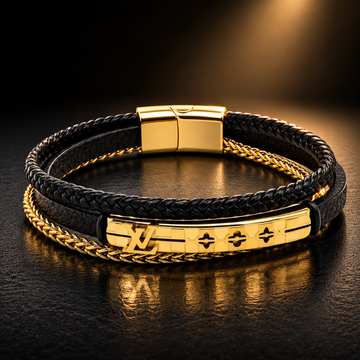 LV Luxury Black Leather Bracelet – 18K Gold Plated Stainless Steel
