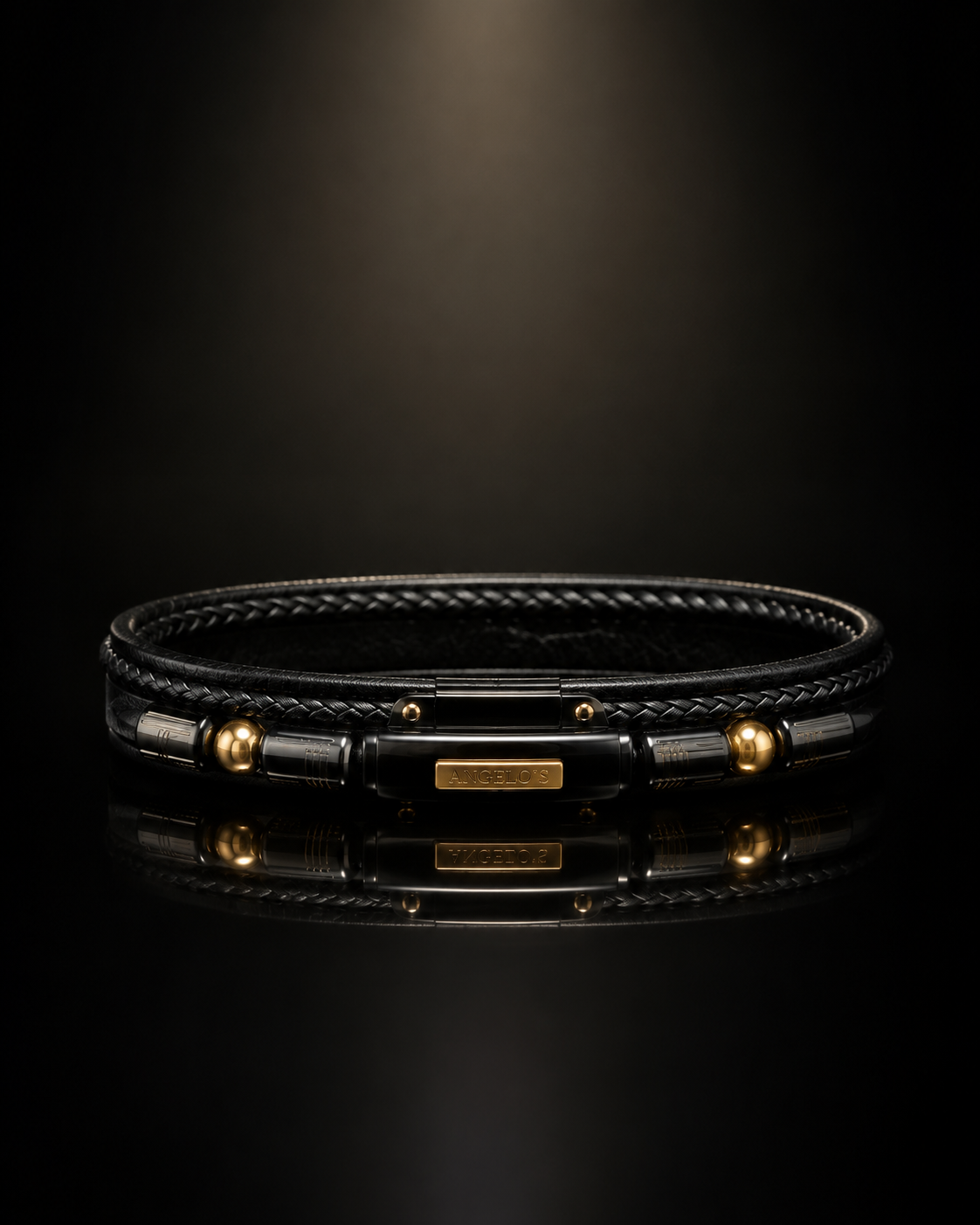 ANGELO'S Black Leather Braided Bracelet with 18K Gold Plated Accents