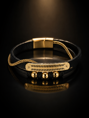 Royal Edge Leather Bracelet – 18K Gold Plated