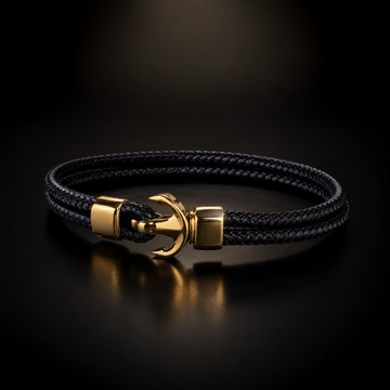 Black Leather Bracelet with 18K Gold Plated Stainless Steel Accents