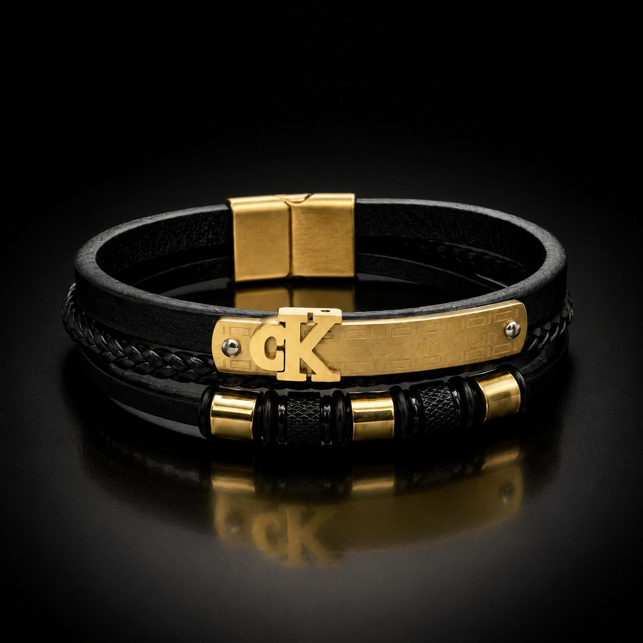 CK Prestige Leather Bracelet – Black & Gold Edition
