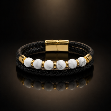 Black Braided Leather Bracelet with White Marble Beads, 18K Gold Plated Stainless Steel