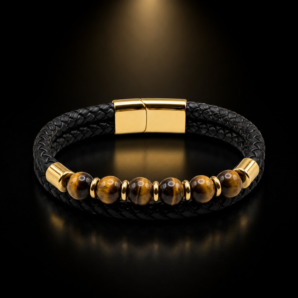 Braided Leather Bracelet with 18K Gold Plating & Tiger Eye Beads