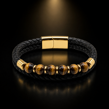 Braided Leather Bracelet with 18K Gold Plating & Tiger Eye Beads