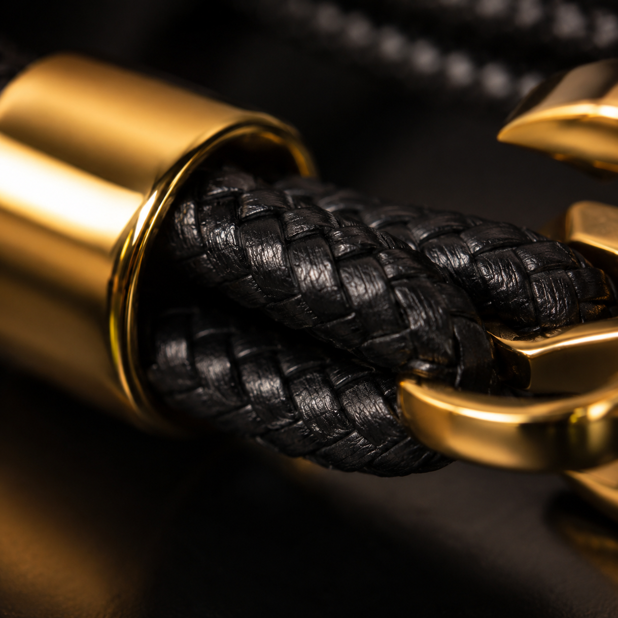 Black Leather Bracelet with 18K Gold Plated Stainless Steel Accents