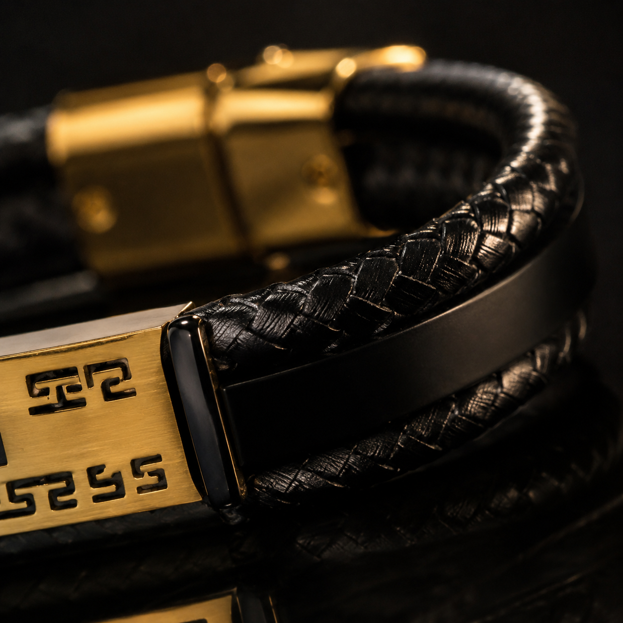 Luxury Braided Leather Bracelet for Men – Stainless Steel, Black & Gold