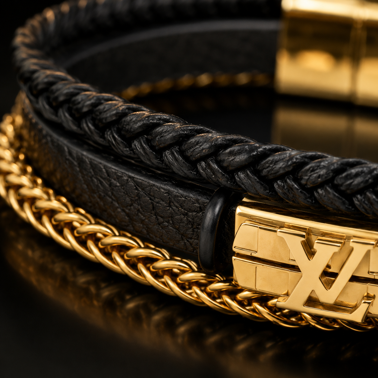 LV Luxury Black Leather Bracelet – 18K Gold Plated Stainless Steel