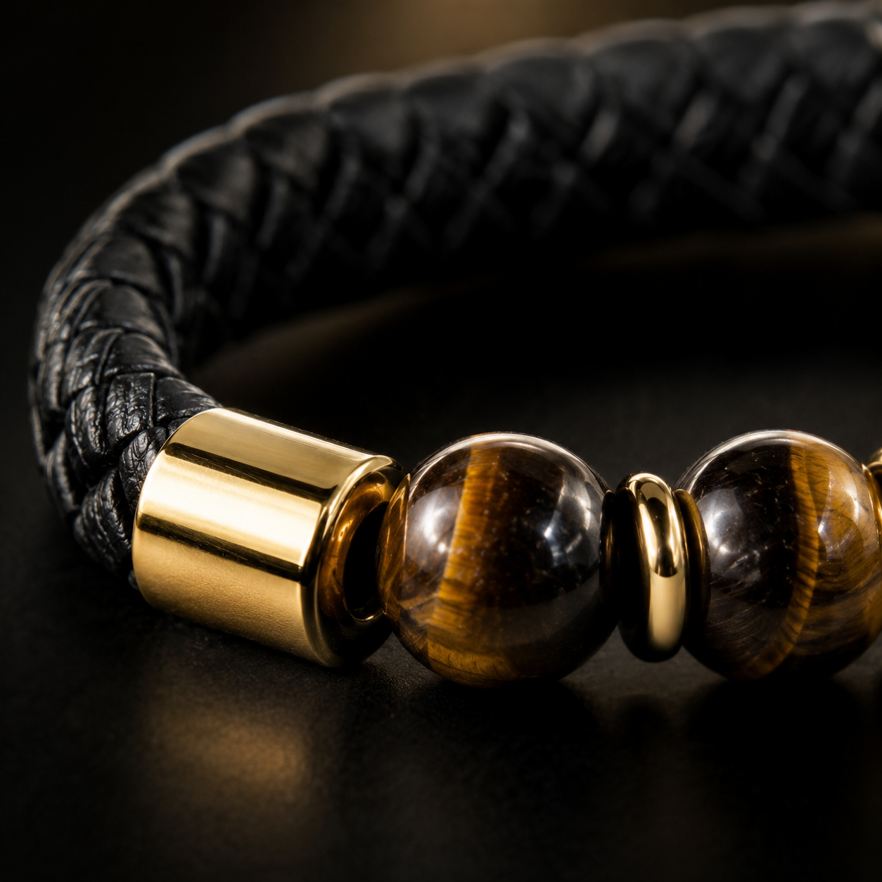 Braided Leather Bracelet with 18K Gold Plating & Tiger Eye Beads