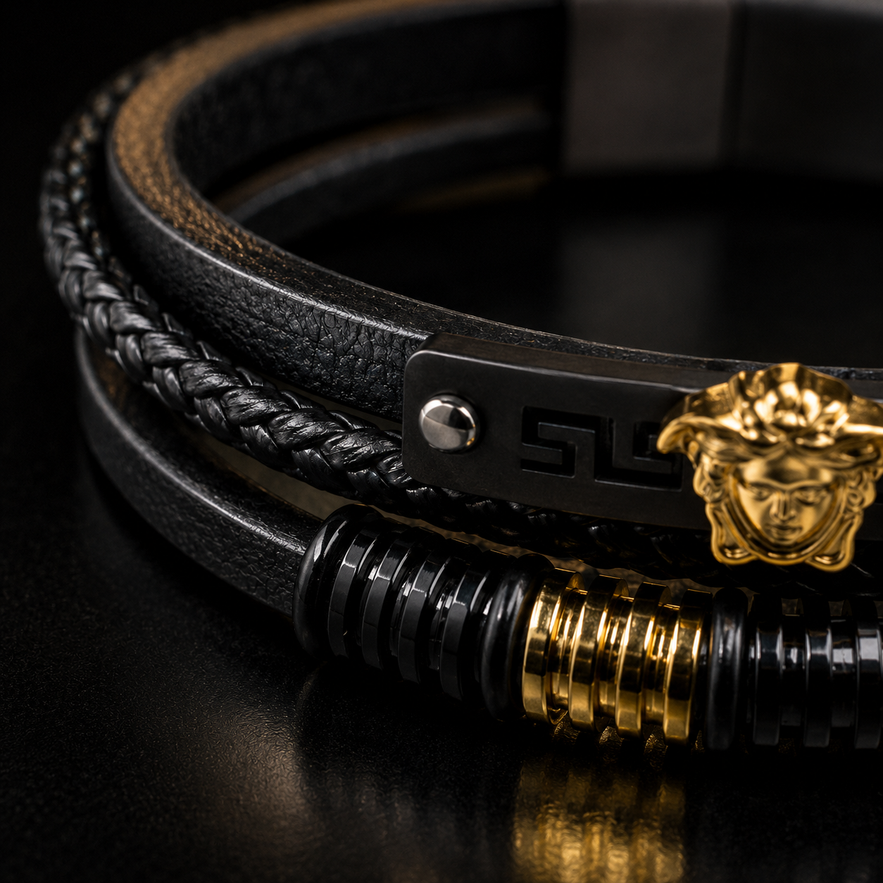 Premium VERSACE Black Leather Bracelet