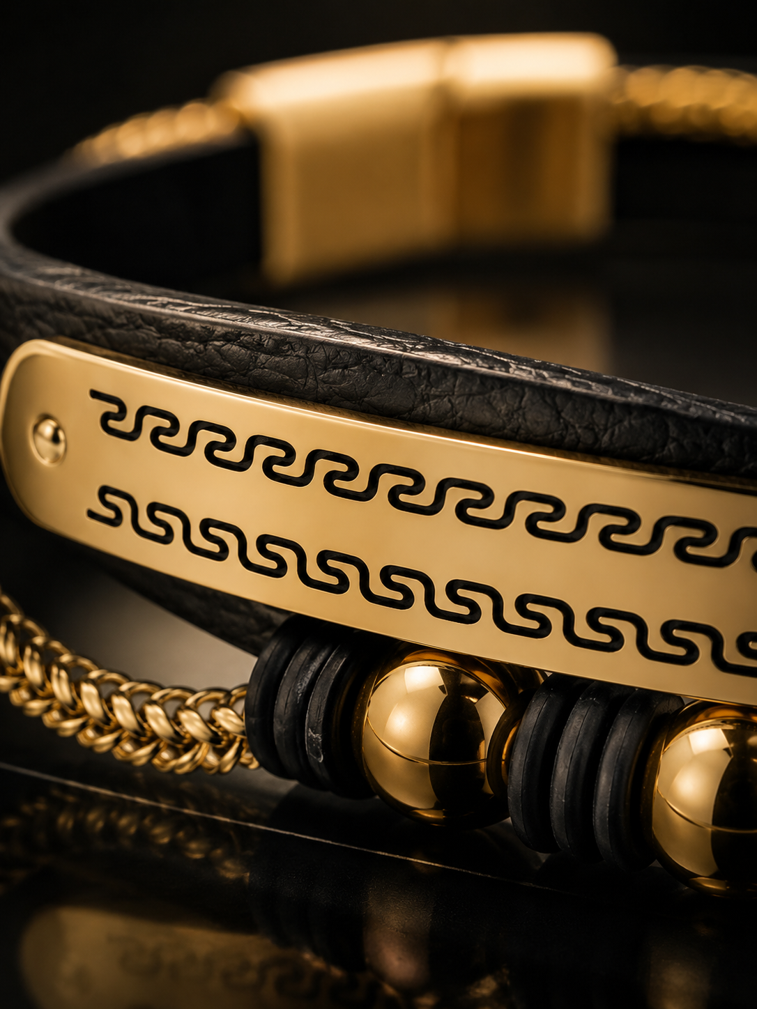Royal Edge Leather Bracelet – 18K Gold Plated