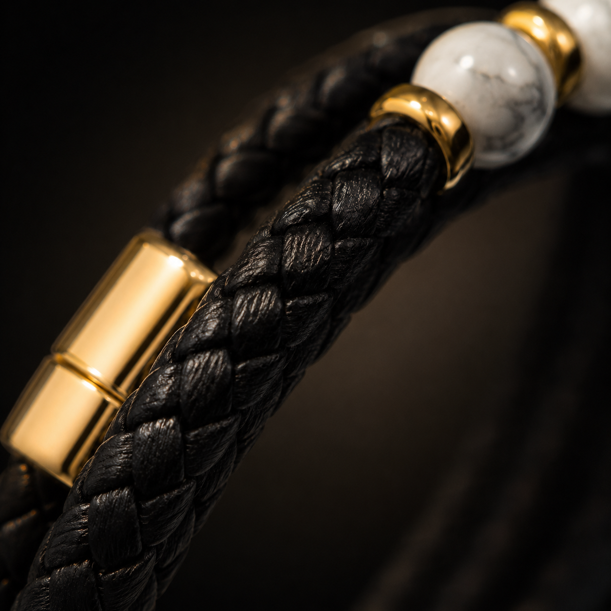 Black Braided Leather Bracelet with White Marble Beads, 18K Gold Plated Stainless Steel