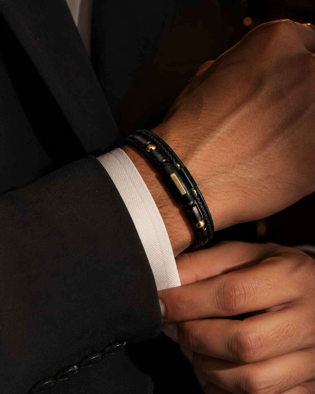 ANGELO'S Black Leather Braided Bracelet with 18K Gold Plated Accents