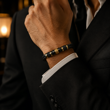 Black Braided Leather Bracelet with 18K Gold Plated Stainless Steel Accents