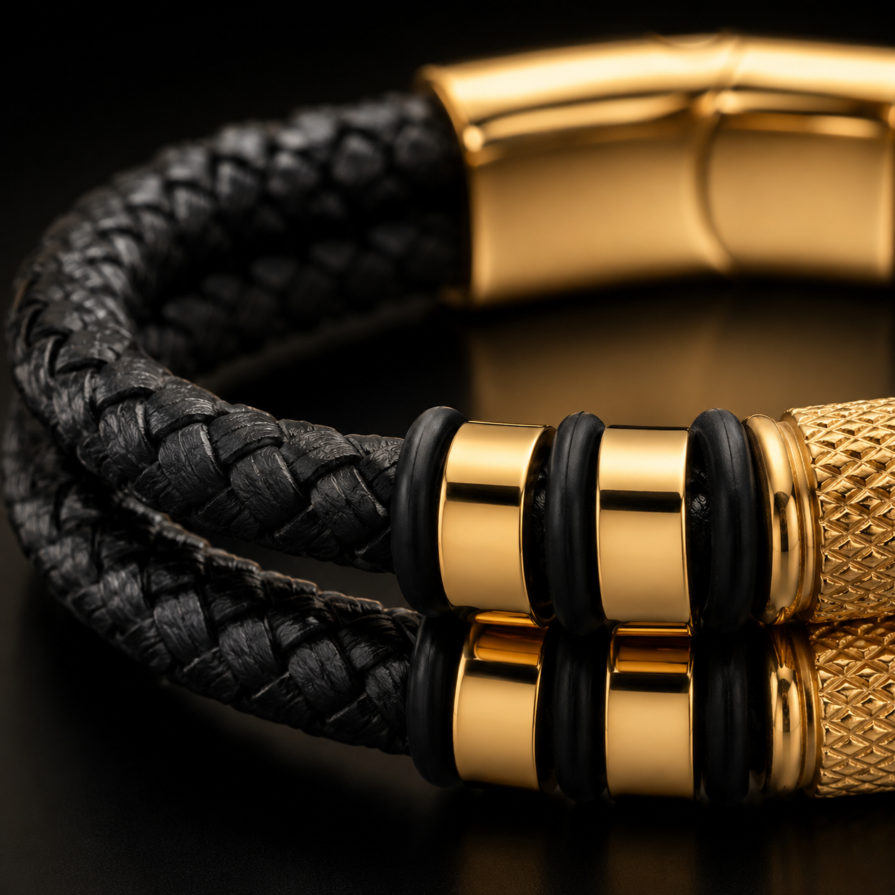 Luxury Braided Leather Bracelet with 18K Gold Plated Stainless Steel | Men's Premium Bracelet
