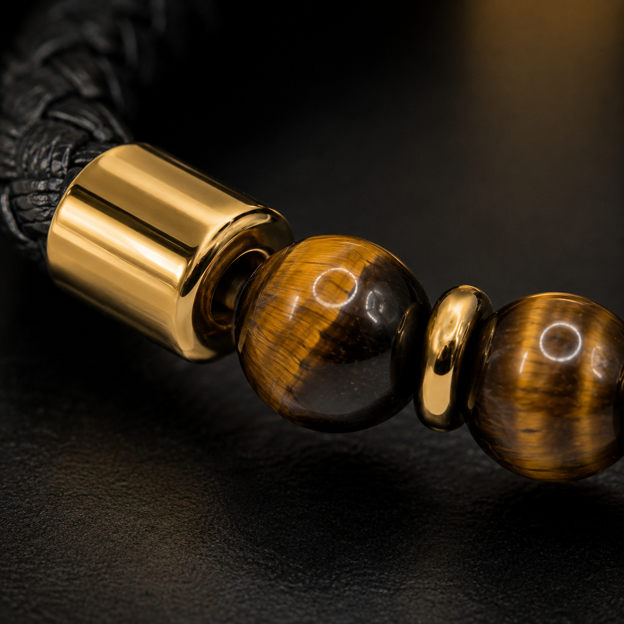 Braided Leather Bracelet with 18K Gold Plating & Tiger Eye Beads