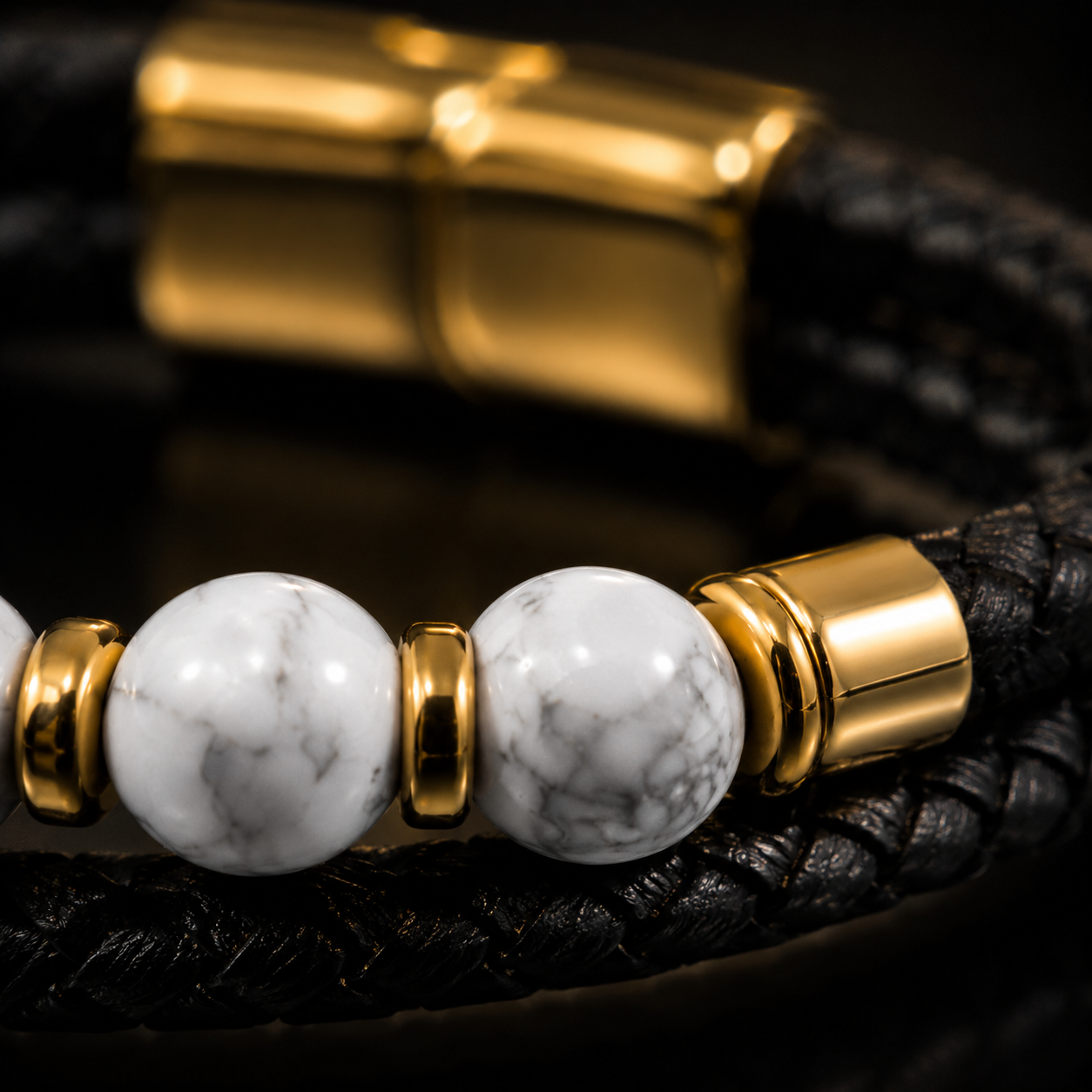 Black Braided Leather Bracelet with White Marble Beads, 18K Gold Plated Stainless Steel