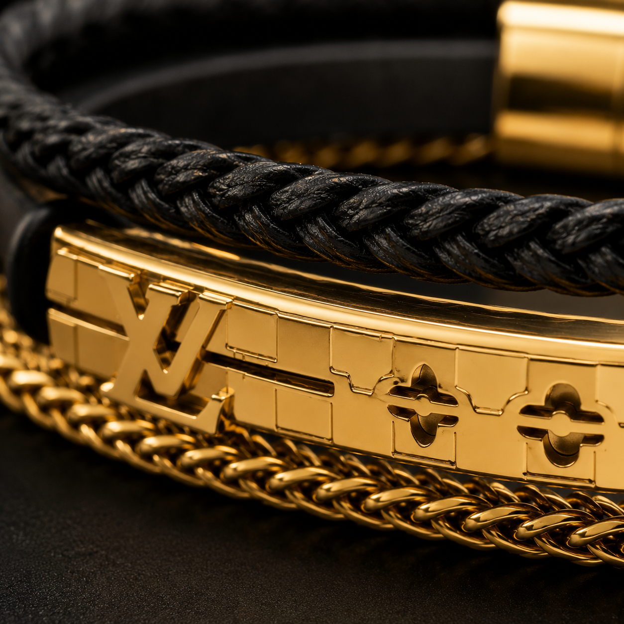 LV Luxury Black Leather Bracelet – 18K Gold Plated Stainless Steel