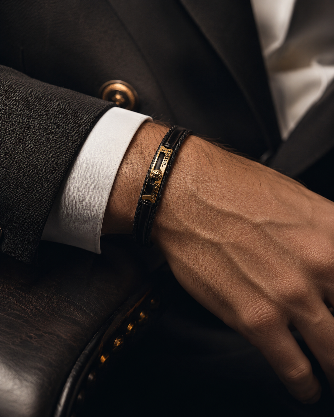 Luxury Braided Leather Bracelet for Men – Stainless Steel, Black & Gold