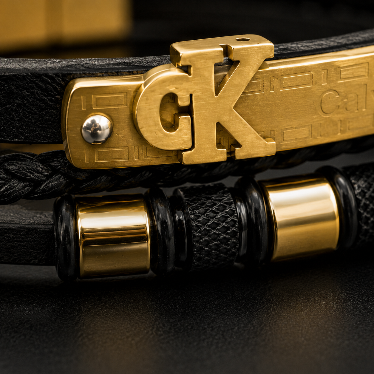 CK Prestige Leather Bracelet – Black & Gold Edition