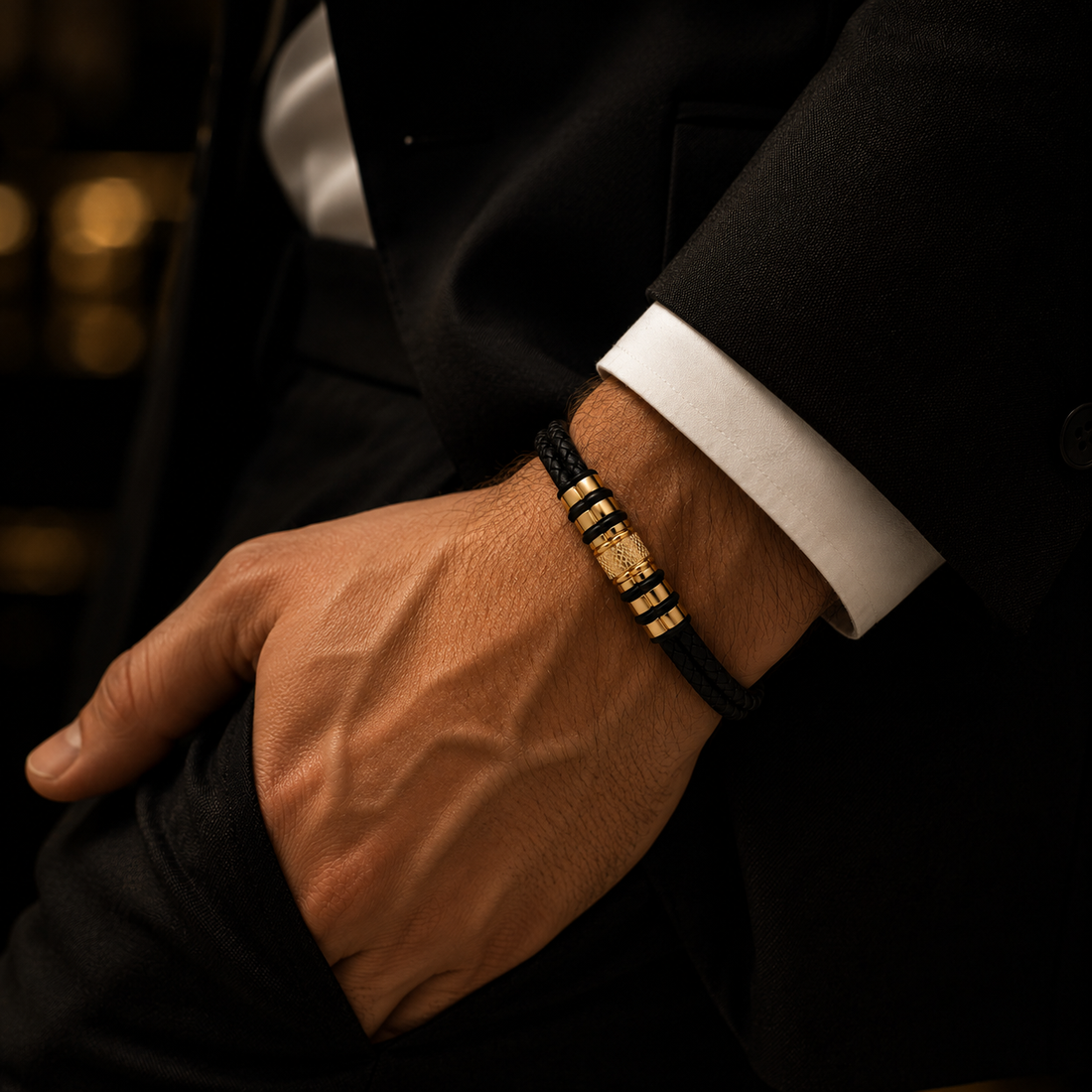 Luxury Braided Leather Bracelet with 18K Gold Plated Stainless Steel | Men's Premium Bracelet