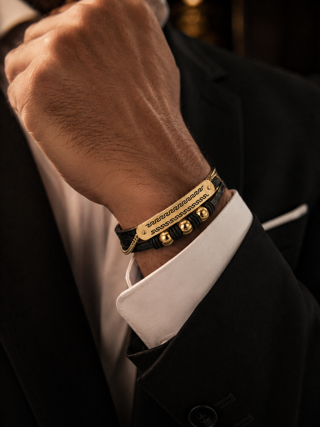 Royal Edge Leather Bracelet – 18K Gold Plated