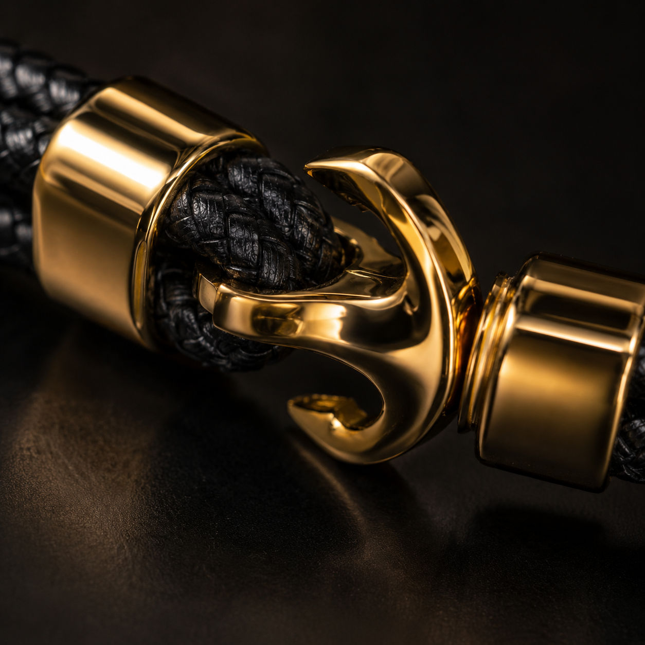 Black Leather Bracelet with 18K Gold Plated Stainless Steel Accents
