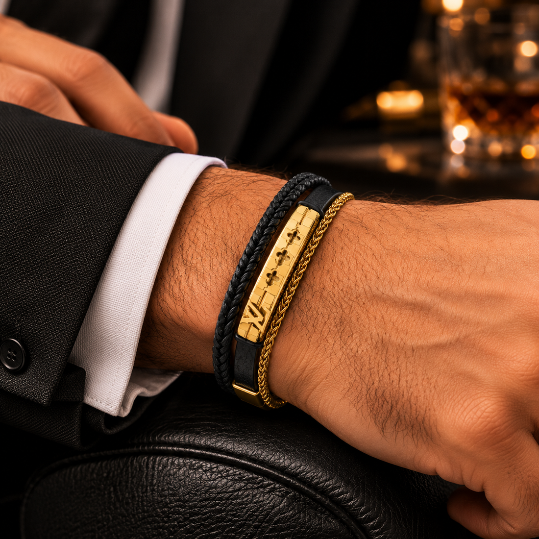 LV Luxury Black Leather Bracelet – 18K Gold Plated Stainless Steel
