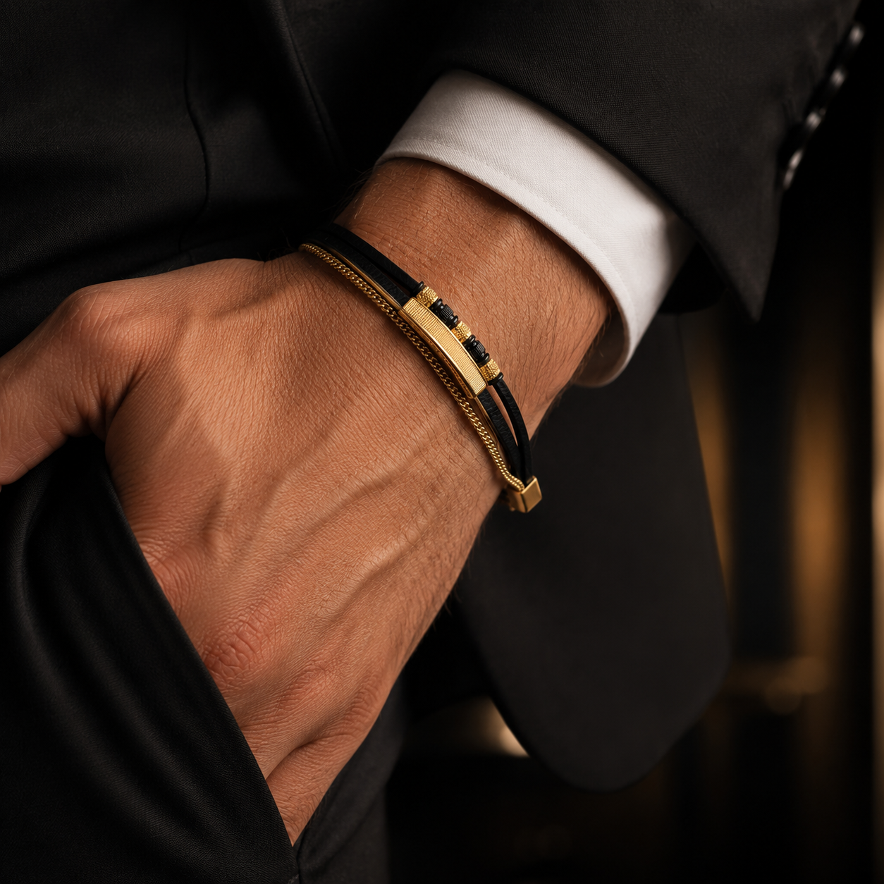 Premium Men's Leather Bracelet with Gold Finish
