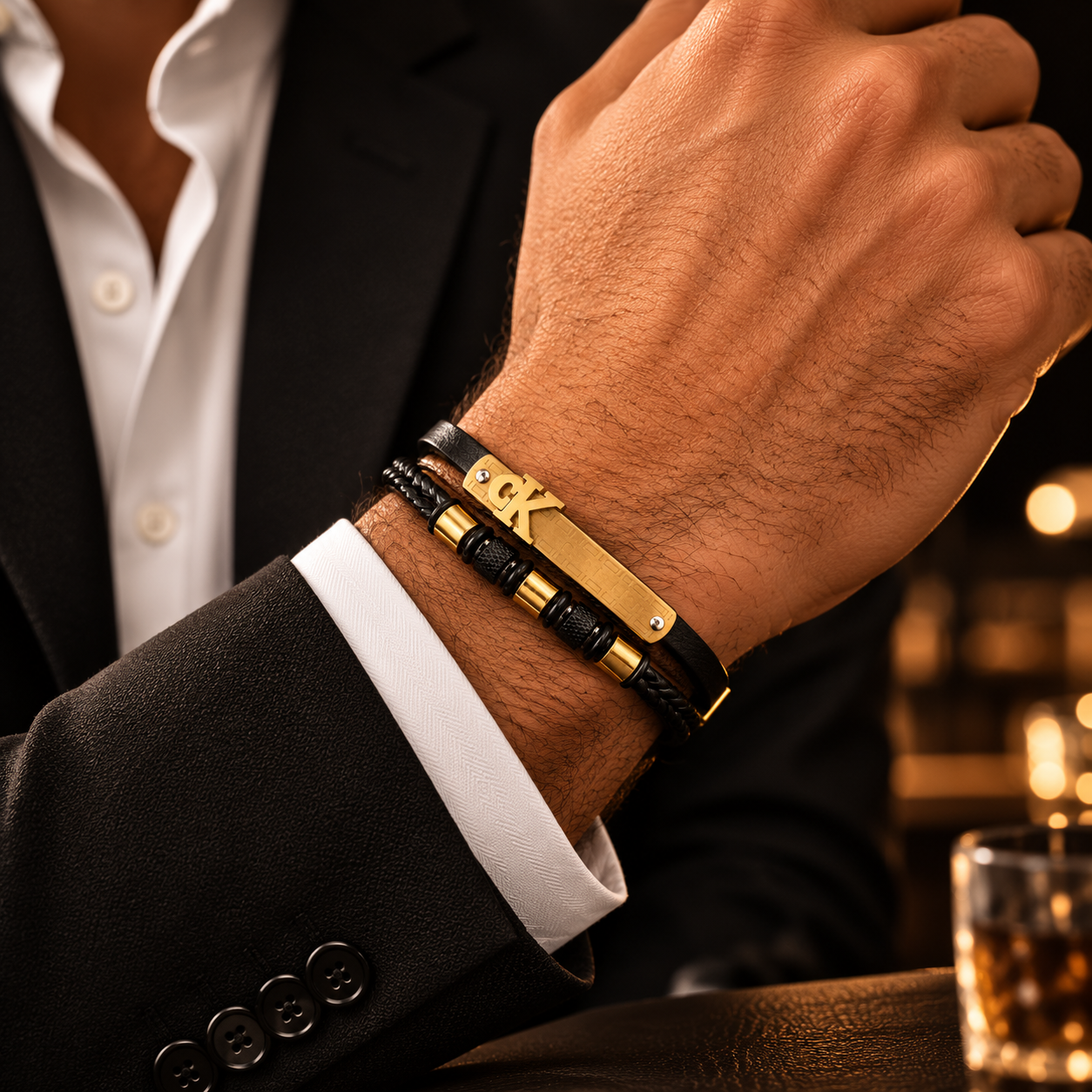 CK Prestige Leather Bracelet – Black & Gold Edition