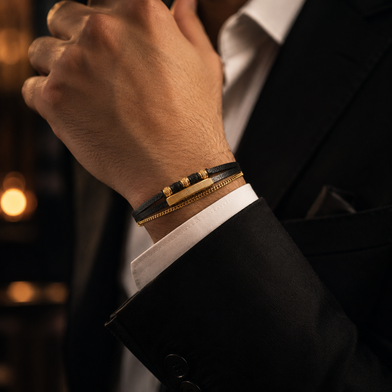 Black Braided Leather Bracelet – 18K Gold Plated Magnetic Clasp