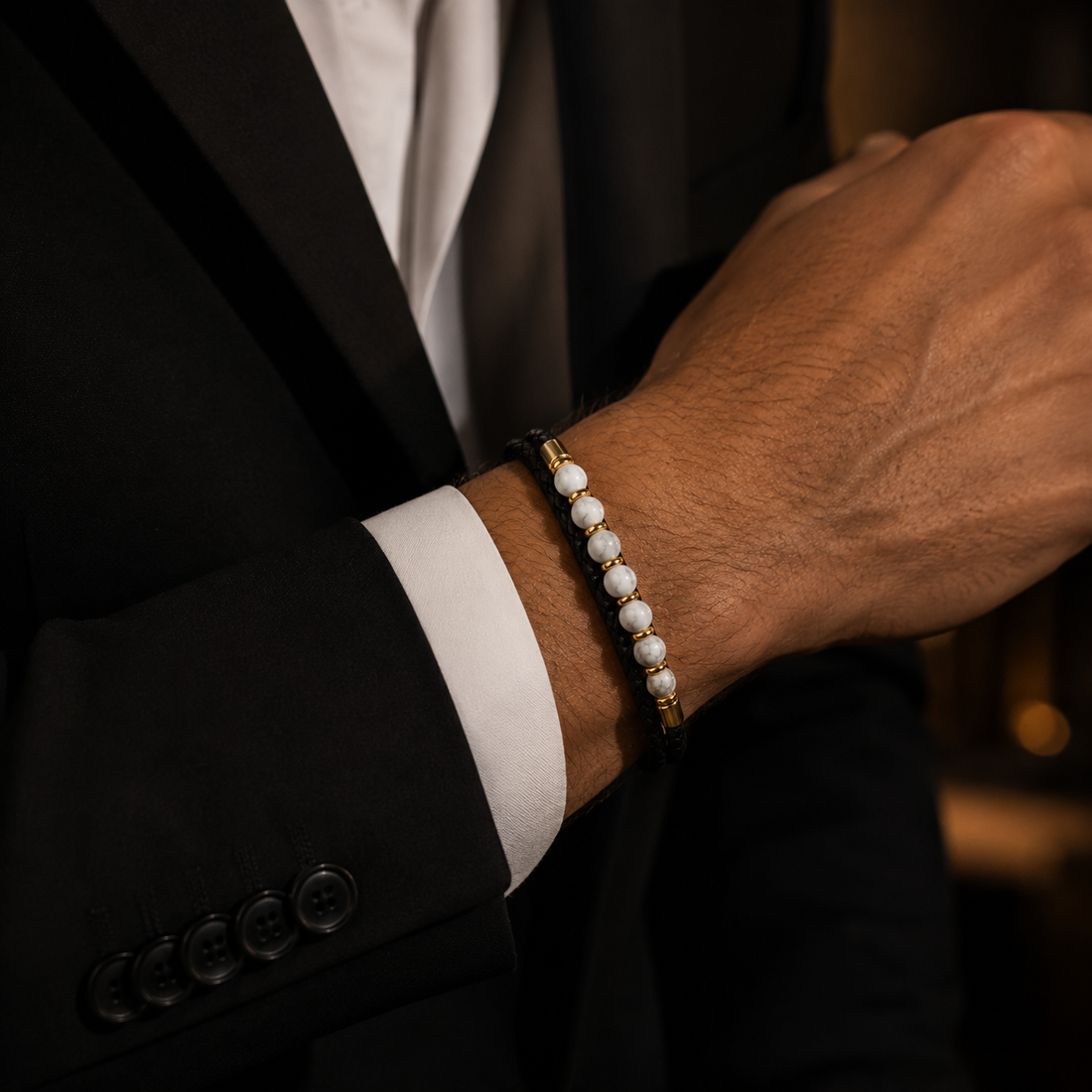 Black Braided Leather Bracelet with White Marble Beads, 18K Gold Plated Stainless Steel