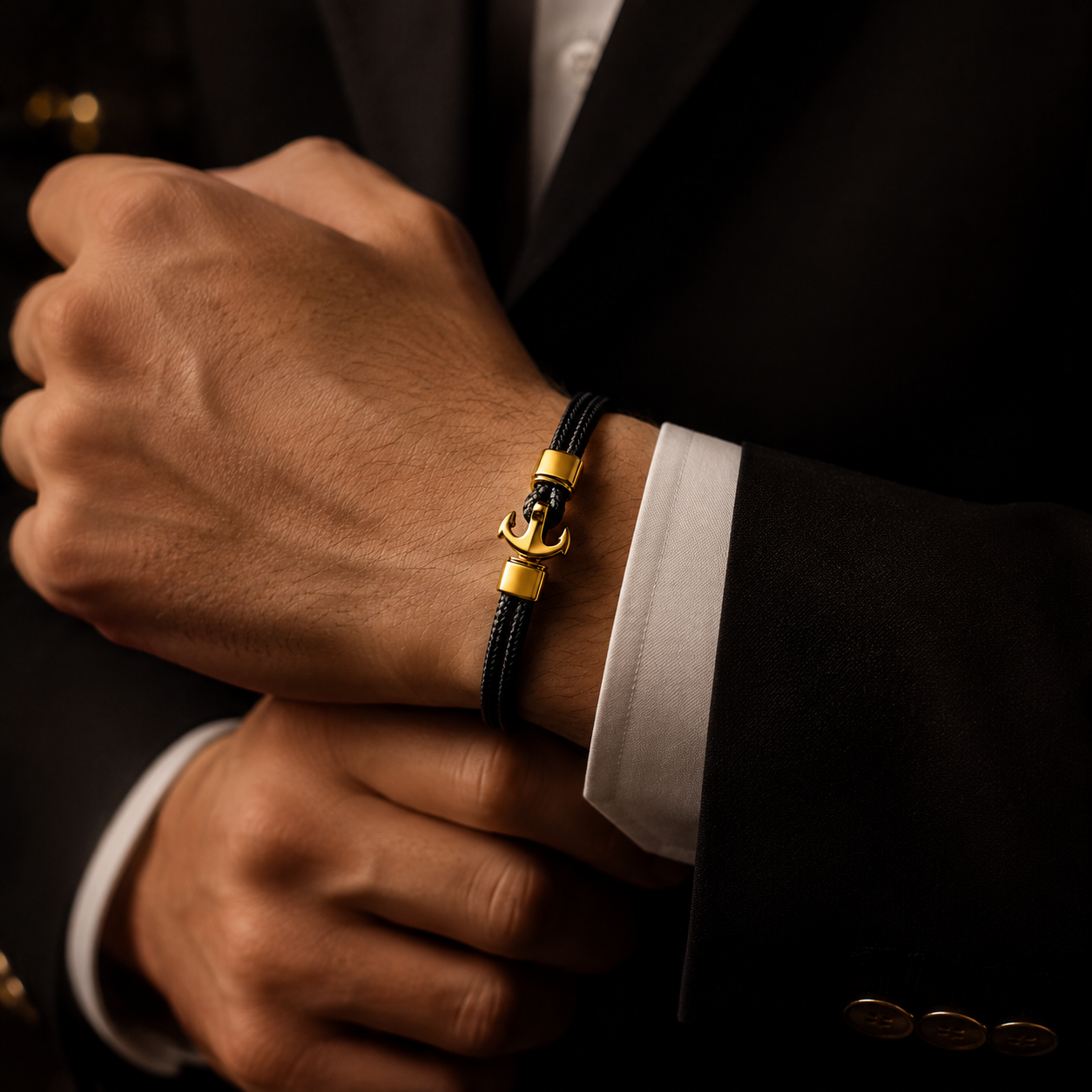 Black Leather Bracelet with 18K Gold Plated Stainless Steel Accents