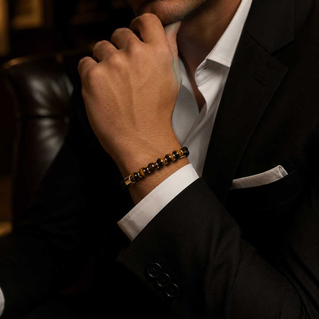 Braided Leather Bracelet with 18K Gold Plating & Tiger Eye Beads