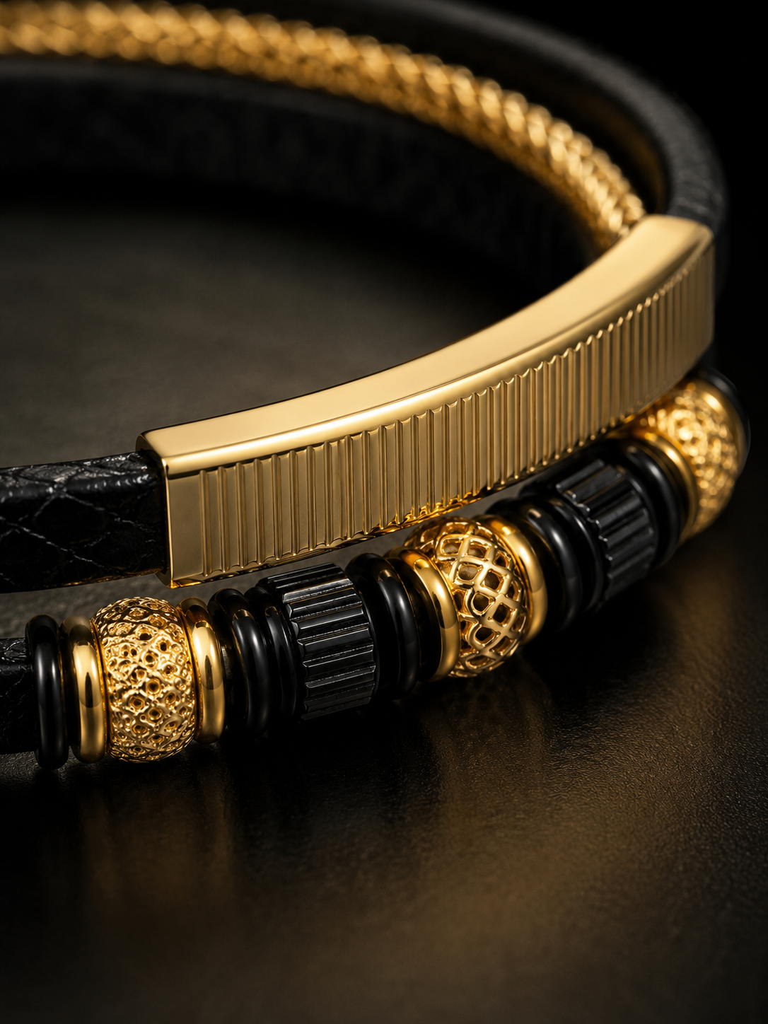 Luxury Men's Genuine Leather Bracelet – 18K Gold Plated Stainless Steel | Black & Gold
